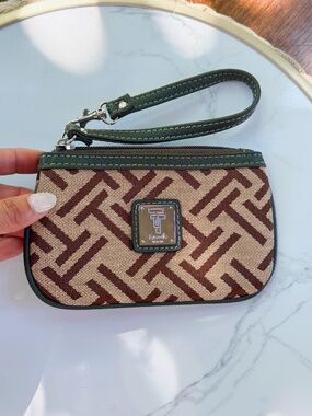 Tignanello Tan Brown Green Signature Canvas Faux Leather Trim Small Wristlet